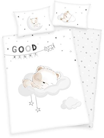 Arle-Living 3 TLG. Baby Renforcé Bettwäsche Set mit Wende Motiv: schlafendes Bärchen - 100x135 cm + 40x60 cm + 1 Spannbettlaken 70x140 cm (Renforcé)
