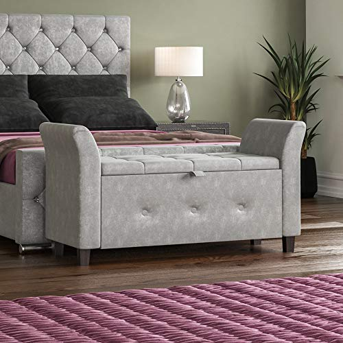 Vida Designs Seville-Otomana Tela con Tapa, Asiento, Taburete, Banco de Ventana, baúl, Caja de Almacenamiento de Juguetes, Puff, reposapiés, Terciopelo Plateado, H 60 x W 120 x D 45 Cm Approx