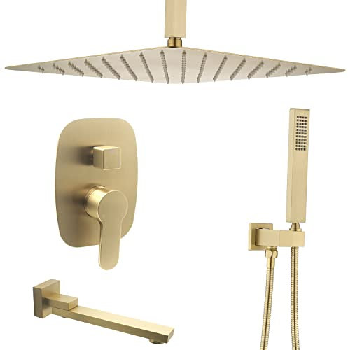 Delnet Shower System Concealed Brushed Gold 16 Inch Ceiling Mounted Rain Shower System Complete Brass Shower Mixer Set