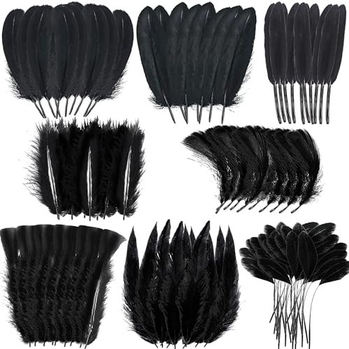 MARFOREVER Federn zum Basteln, 320 Stück Federn Schwarz 8 Stile Natur Bastelfedern Gemischte Schwarze Federn Groß für Hochzeitsdeko Party Deko DIY Basteln Weihnachten Traumfänger Ohrringe
