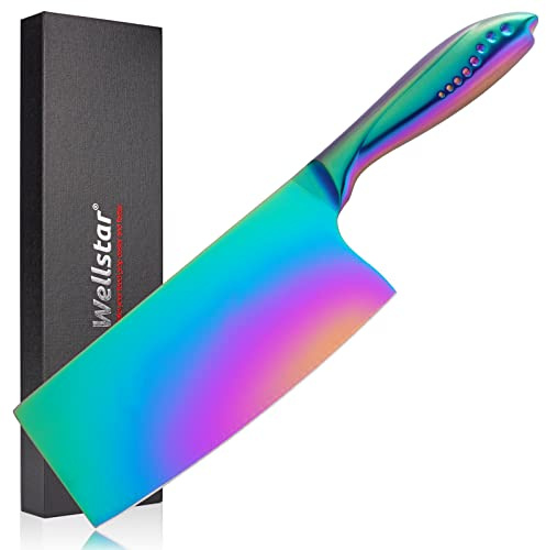 WELLSTAR Rainbow Meat Cleaver, 7 inch Iridescent Chinese Meat Vegetable Butcher Knife, Super Sharp German High Carbon Stainless Steel Chef’s Kitchen Knife with Ergonomic Handle for Home Restaurant
