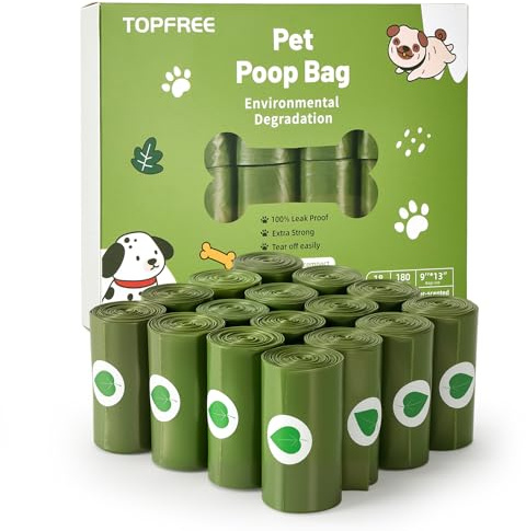 Topfree Poo Bags for Dog Waste, 18 Rolls 180 Dog Poop Bags, Super Strong 100% Leak Proof Dog Poo Bags (Green)