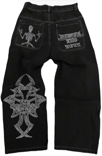 OATSBAS Y2K Beggy Jeans para Hombre, Pantalones de Mezclilla con Bordado de Calavera, Jeans góticos, Pantalones Rectos de Pierna Ancha, Ropa de Calle Hip Hop, Negro-Blanco, Large
