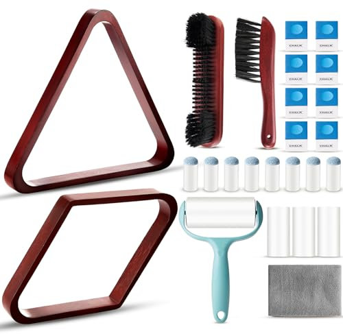 ShinyRelief 22 Pcs Pool Table Brush Set Wooden Billiard Rack 8 or 9 Ball Triangle Diamond for 2-1/4 Pool Ball with Polish Cloth Sticky Lint Roller Cue Chalk Cube Accessories(Wine Red)