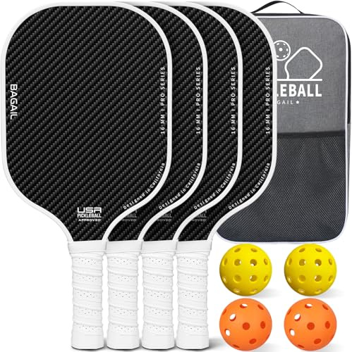 BAGAIL Raquettes de Pickleball, Ensemble de 4 avec 4 Balles, Légères - Absorption des Chocs élevée - Ergonomique, Adaptées aux Jeux en Intérieur et en Extérieur