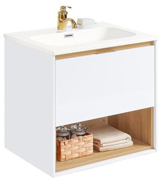 SoBuy 10% de Réduction Meuble Suspendu pour Lavabo Armoire de Salle de Bain avec Lavabo Meuble Salle de Bain avec Vasque Ensemble de Lavabo en céramique, 1 Tiroir, Blanc, 61x46x59cm, BZR171-N