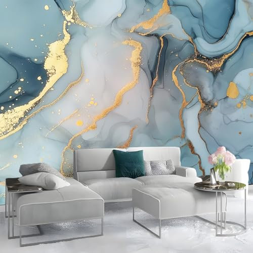 3D Panoramique Murale De Marbre Texturé De Luxe Premium Papier Peint Intissé Gris Bleu Or Pour Salon Chambre Enfant Chambre Décoration Murale Moderne Poster Tableaux Photo Muraux 250 x 175 cm