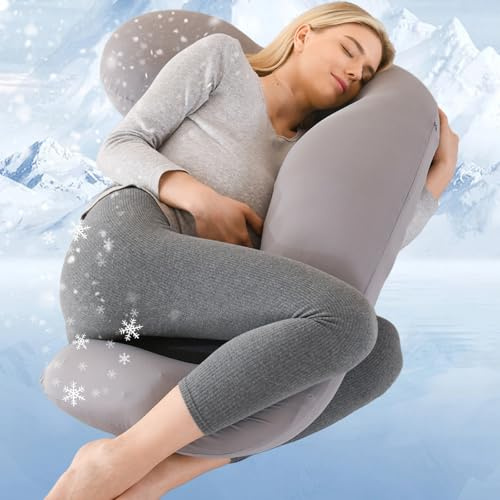 SHANNA Cuscino Gravidanza, Cooling Cuscino per Gravidanza, Cuscino Allattamento e Gravidanza a Forma di U, con Copricuscino Seta di Ghiaccio Removibile (Grigio Scuro)