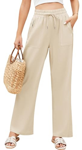 Niwicee Pantalones de Lino Mujer Verano Pantalones Anchos Frescos Cintura Alta Elástico Largo Pantalón Causal Pantalon Palazzo Pants de Playa con Bolsillos Cordón(Beige,L)