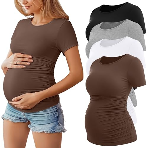 Huukeay 4 Pack Women's Maternity Shirts, Crew Neck Maternity Top Short Sleeve Casual Cotton Tee Side Ruched Pregnancy Clothes(Black, White, Light Gray, Coffee,Medium)