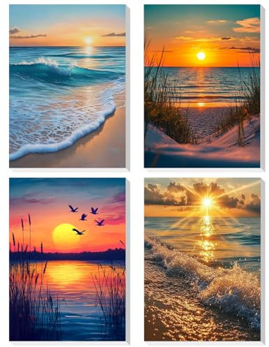 DOMROM Paint by Number for Adults Framed Canvas, 4 Pack Paint by Number Kits Landscape Arts and Crafts for Beginner, Easy DIY Beach Sunset Sea Acrylic Painting Number Kit for Home Decor(7.8X11.8inch)
