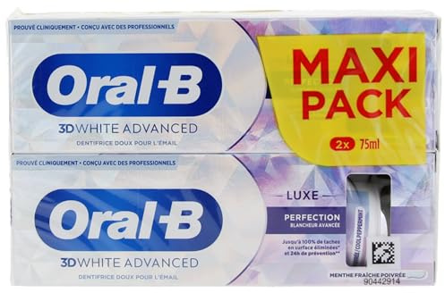 Oral-B Dentifrice Blancheur 3D White Advanced Luxe Perfection Contre Les Taches En Surface, Conçu Pour Un Brossage Des Dents Avancé, Arome Menthe, Pack De PAC de 2 X 75ml