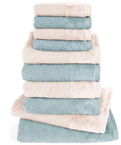 Pure Label 10-TLG. Handtücher Set mit Aufhängeschlaufen aus Baumwolle, saugstark und weich - 2X Badetuch (70x140 cm) 4X Handtuch (50x100cm) 4X Gästetuch (30x50 cm), Creme | Türkis