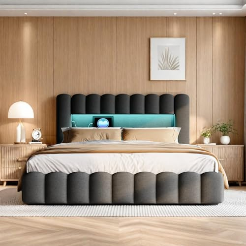 Bubble Bett 180x200 Mit Bettkasten, Polsterbett Doppelbett Mit Hydraulisch Stauraum, Stauraumbett Mit LED Und USB Ladefunktion, Jugendbett Bettgestell Mit Lattenrost, Leinen, Ohne Matratze, Grau