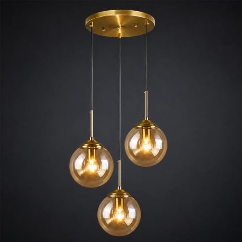 HSLJ1 Lámpara colgante de 3 luces con burbujas de vidrio, moderna lámpara colgante esférica de altura ajustable, lámpara de techo industrial para cocina, isla y comedor (diámetro: 15 cm x alto: 25 cm)