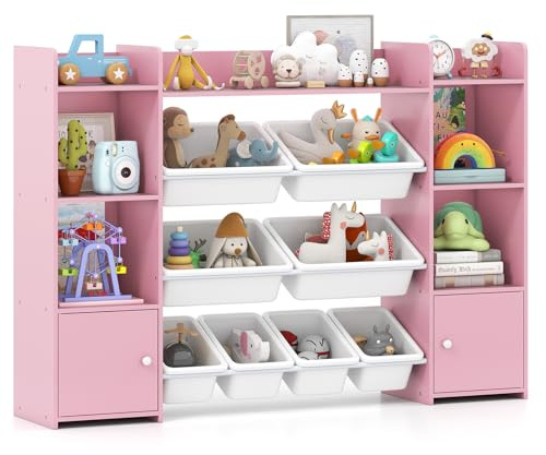 GOPLUS Mueble Almacenaje Juguetes, Estantería Infantil de 4 Niveles con 6 Compartimentos y 8 Cajas Extraíbles, Organizador Juguetes para Salón, Dormitorio 142 x 30 x 100 cm(Blanco) (Rosa)