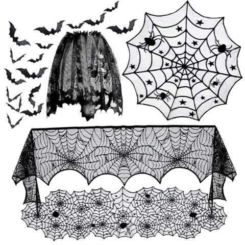 Hbbgdiy 5-pack halloween dekorationer svart spets bordsduk bordslöpare mantel halsduk lampskärm med 16 st läskig 3D-fladdermus gotisk spindelnät dekor för hemmafest.