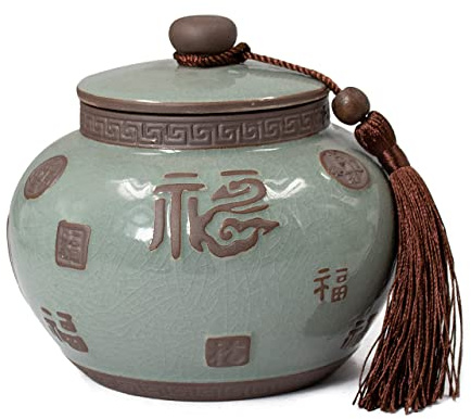 Dahlia Porcelain Tea Canister for Loose Tea, Airtight Longquan Celadon Tea Caddy, Embossed Lucky Fu 560 ML