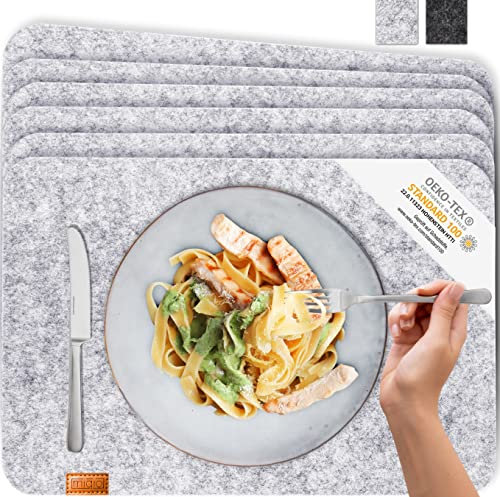 Miqio® - Design Tischset aus Filz | Marken Label aus echtem Leder | 6er Set Platzset (grau meliert) abwaschbar | Filzmatte Tisch Untersetzer Platzdeckchen abwischbar