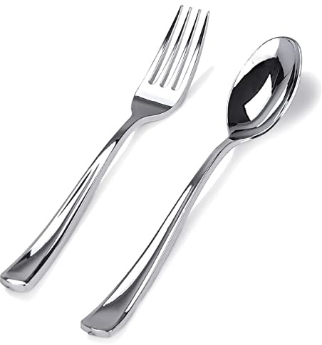 BUCLA 200 Pieces Silver Plastic Silverware - Heavy Duty Disposable Cutlery set - 100 Silver Plastic Forks, 100 Disposable Spoons for Catering, Parties, Dinners, Weddings and Christmas