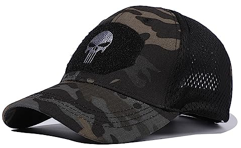 RUINUO Baseballkappe mit Totenkopf-Netzstoff, Trucker-Mütze, taktische Operator-Kappe, Outdoor-Atem, Sonnenhüte, Schwarze Tarnung mit Totenkopf, M/Einheitsgröße