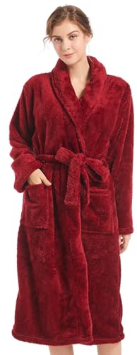 Inner Wish Womens Plush Fleece Robe, Highly Absorbent Cozy Warm Bathrobe Fuzzy Female Spa Robe With Pockets, BURGUNDY, L/XL