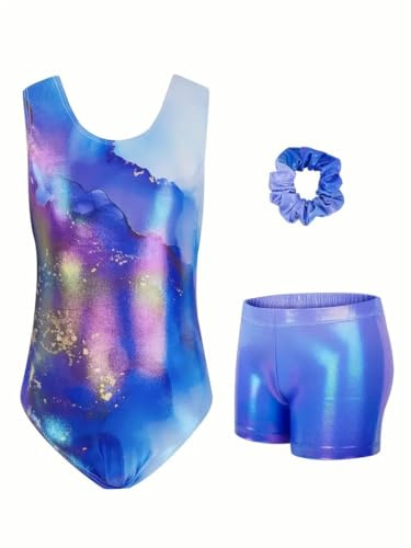 JiAmy Body da ginnastica per ragazze, con glitter per danza classica, body da balletto con pantaloncini e fascia per capelli per bambini, 8-9 anni