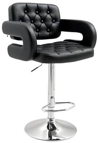 HOMCOM Sgabello da Bar Alto con Schienale e Braccioli, Sgabello da Cucina Moderno Girevole con Altezza Regolabile e Poggiapiedi, in Finta Pelle, 64x50x94-114cm, Nero