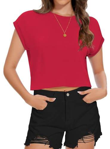 Damen Kurzarm T Shirt Sommer Lose Fit Tees Rundhalsausschnitt Causal Crop Tops(Rot,L)