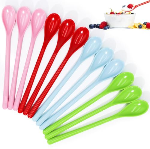 Amentalove 12 Pcs Plastic Spoon, Colorful Long Handle Spoons 18.5 cm, Long Teaspoons, Coffee Spoon, Reusable Dessert Spoons for Ice Cream, Latte Glasses, Sundae