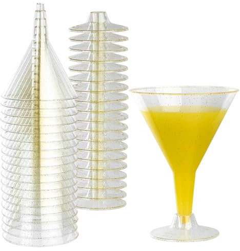 XxinXrong Plastic Cocktail Glasses Reusable Set of 20, 210ml Plastic Martini Glasses for Margarita Glasses, Glitter Martini Glasses for Champagne Mocktails Juice Dessert Wine Glasses Weddin (Golden)