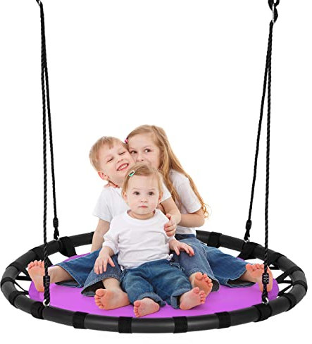 Maxmass Kids Hanging Tree Swing, 100cm Nest Swing Seat with Height Adjustable Ropes, Flying Round Saucer Swing for Outdoor Backyard Garden, 150kg Capacity (Purple Swing without Frame)