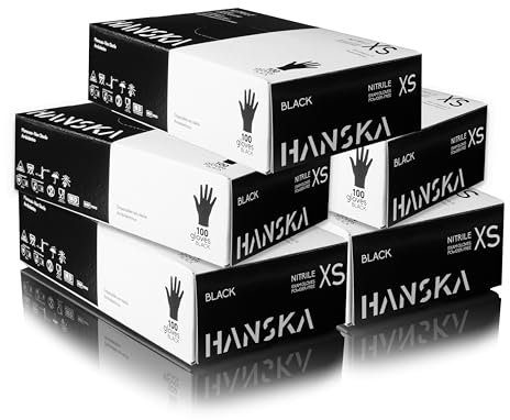 HANSKA 500 Schwarz Nitril-Einweghandschuhe – puderfrei – beidhändig – nicht steril – Gummibasis – geeignet für medizinische Bereiche, Handhabung von Lebensmitteln (500, XS)