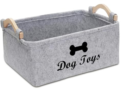 Onperpoe Dog Toy Basket with Wooden Handle, Collapsible Dog Toy Box Puppy Toys Box for Dogs, Pet Supplies Storage Basket, Dog Toys Storage, Grey 38cm x 25cm x 18cm