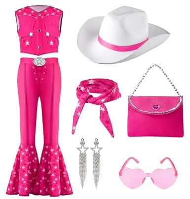 Spooktacular Creations Costume d'Halloween pour fille, rose, pour enfants, tenue disco hippie des années 70 et 80, avec chapeau, sac à main, écharpe, boucles d'oreilles et lunettes de soleil pour les