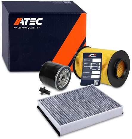 ATEC Inspektionspaket Set A mit 1x Ölfilter, 1x Innenraumfilter (Aktivkohle), 1x Luftfilter, 1x Ölablassschraube, 1x Ölwechselanhänger Kompatibel mit FORD C-MAX Mk2, FOCUS, GRAND C-MAX, KUGA, VOLVO