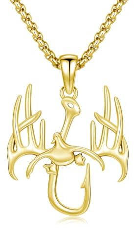 PROESS Fiskkrok kors halsband för män 925 sterlingsilver horn anka hänge halsband horn fiskkrok jaktsmycke gåvor för far, Sterlingsilver