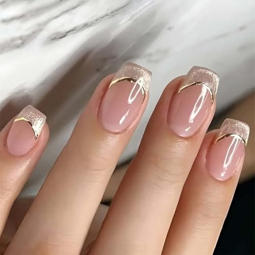 Xanthelle Uñas Postizas, 24 Piezas Cortas Cuadradas Uñas Artificiales con Diseño de Punta Francesa Cat Eyes, Uñas Falsas con Líneas Doradas, Uñas de Gel Brillantes para Pegar