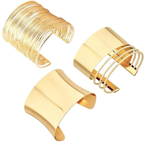BWOOOWE Set 3 Pulseras Mujer Doradas Brazaletes Abiertos Anchos Estilo Minimalista Irregular Joyería Chic para Fiesta y Uso Diario