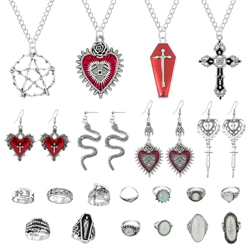 UJBVCX 21 Piezas Gótico Grunge Y2K Punk Emo Joyería, Collar Pendientes Anillos Set Regalo para Mujeres Hombres
