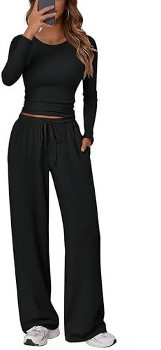 BEWECASU Women 2Pcs Lounge Set Long Sleeve Top Tracksuits Wide Leg Drawstring Pants Set with Pockets(Black,S)