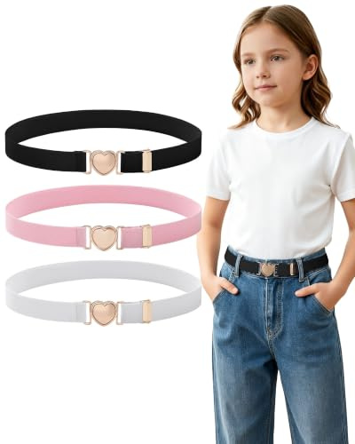 Kajeer Elastic Belts for Girls - 3 Pcs Adjustable Kids Belt with Heart Buckle for Cute Boys ' and Girls Pants, Dresses, Jeans