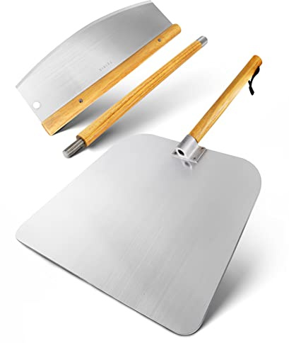 Pizza Cutter Rocker Style & Pizza Peel Set - 14 Large Pizza Metal Slicer Sharp Knife Blade Chopper with 14 x 16 Heavy Duty Pizza Paddle Board Pan with Wood Handle - Premium Oven Baking Accessories