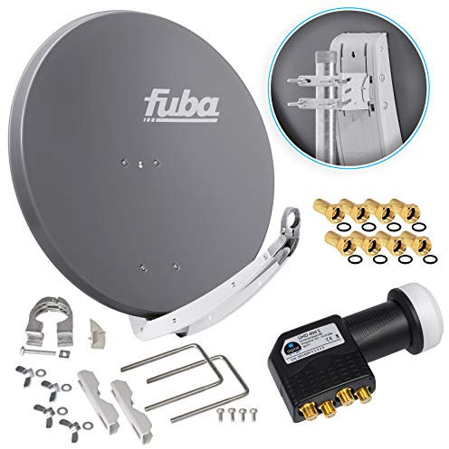 Fuba DAA 850 A 85cm Sat Schüssel Anthrazit Satellitenantenne Aluminium Reflektor + HB-DIGITAL UHD Quad LNB 4 Teilnehmer Direktanschluss schwarz 4K Utra HDTV Full HD 3D fähig + 8X F-Stecker vergoldet