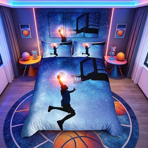 Bäddset med baskettema för tonåringar och barn, galaxsängkläder med sporttema, bäddset för basketspelare, sängöverkast, djupblått, dubbelsäng-storlek, 3-delat set