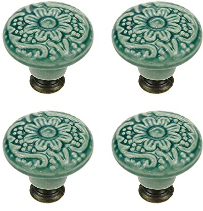 Geesatis 4 st keramiska knoppar för lådor möbler vintage blommor design med monteringsskruvar grön