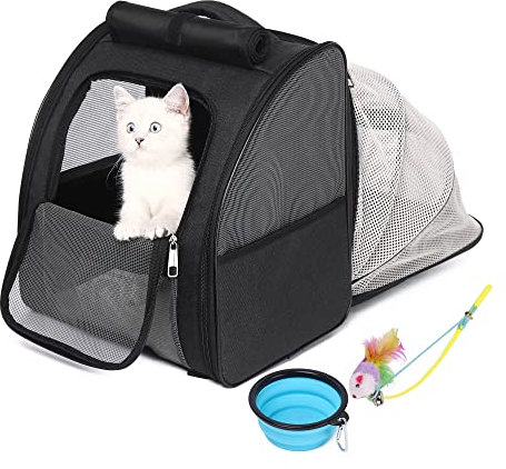 Katzenrucksack Hunderucksack, Erweiterbarer Haustier Rucksack für Kleine Hunde Katzen, von der Fluggesellschaft Zugelassen, Belüftetes Design für Reisen, Wandern & Draussen (Schwarz)