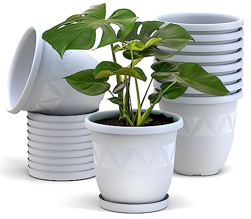 Plastard Blumentopf 10er Set 21 cm Durchmesser Weiß - runder Pflanzkübel mit Untersetzer aus Kunststoff - witterungsbeständiger Übertopf, großer Pflanztopf
