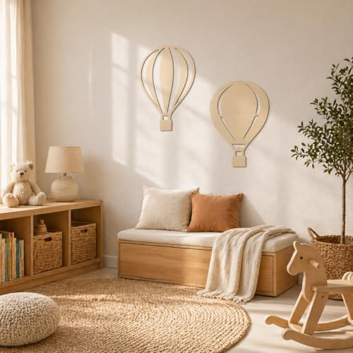 K&L Wall Art Globo aerostático para habitación infantil, diseño de madera, para bebé, niña, niño, dormitorio, decoración moderna (‎chapa de álamo, 15 x 20 cm)