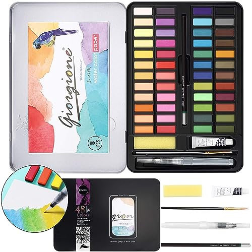 Niserelesa 48 Set Acuarelas, Acuarelas Profesionales Para Principiantes Y Entusiastas De La Pintura, Kit Acuarelas Con Caja De Metal, Lápiz De Dibujo, Pinceles Y Papel(48 Colores)